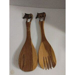 Handcarved Wooden Zebra Decorative Salad Fork and Spoon
